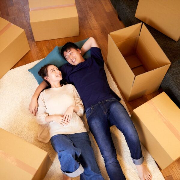 family with moving boxes