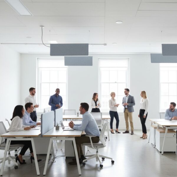 A versatile open-plan office space with movable partitions and modern furniture.
