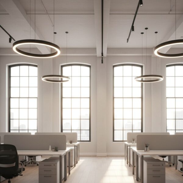 An office space with large windows and bright, modern light fixtures.