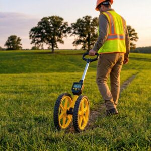 one person measuring out an empty plot of land for sale with a wheel