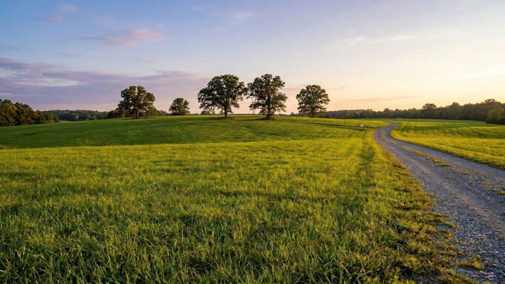 Scenic view of vacant land for sale in North Carolina at sunset.