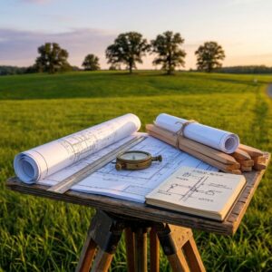 Blueprints and tools for planning development on empty land.