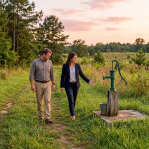 Real estate agent and client walking around a different piece of land for purchase with a water pump.