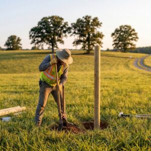someone putting in fence posts on the property