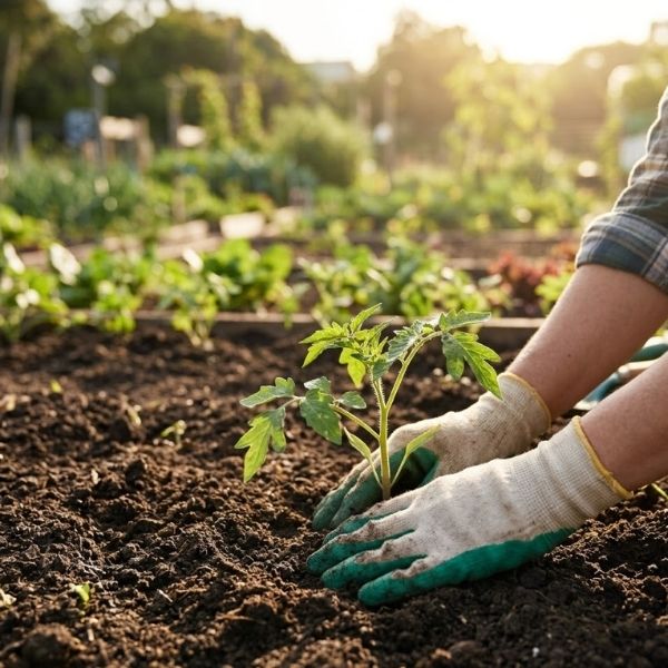person carefully plants a young seedling into the rich soil