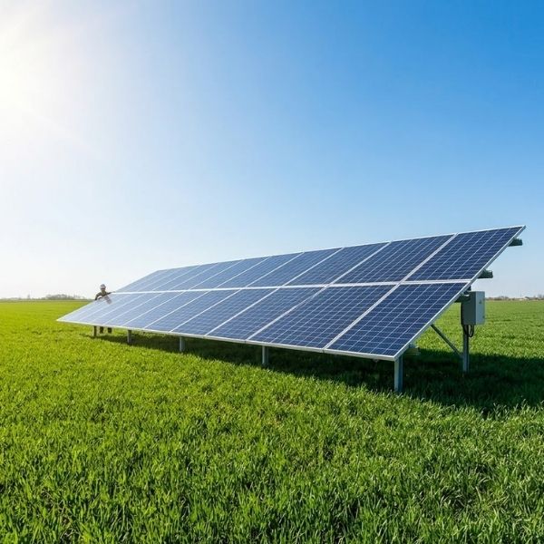 a ground-mounted solar panel array installed on wide grassland