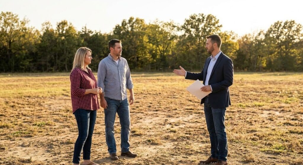 A realtor points toward a sunny, open landscape while discussing development potential with a client.