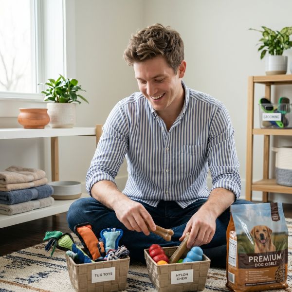 man putting up dog toys